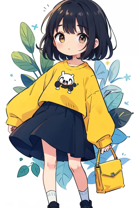 Young woman, black hair, short hair, white eyes, yellow clothes, clothes with blue elements.
