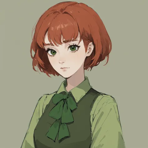 young woman, red hair, short hair, green bow, black eyes, green clothes, clothes with brown elements.