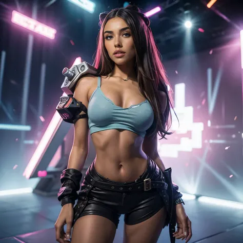 Madison Beer als Fortnite charakter detailliert ultra scharf realistisch (Spiele Girl), Nerd, Spiele, heels,  Ausschnitt, erotischer Gesichtsausdruck, dunkle Haare, Barbie-Figur, weiblich, 