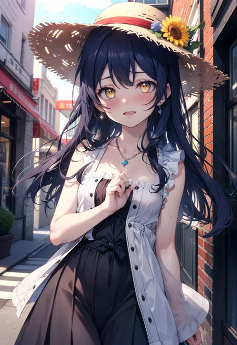 you are so kind, umi sonoda, Long Hair, Blue Hair, (Yellow Eyes:1.5) (Flat Chest:1.2),smile,blush,Open your mouth,Straw hat,Blue long skirt one-piece dress,Cute Sandals,Bare shoulders,Bare arms,bare clavicle,Bare neck,Heart Necklace,Clear skies,Daytime,Lig...