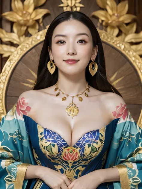 high resolution symmetrical images,    japanese film photo of a woman with colorful tattoos on her waist, chest and arms,  big m...