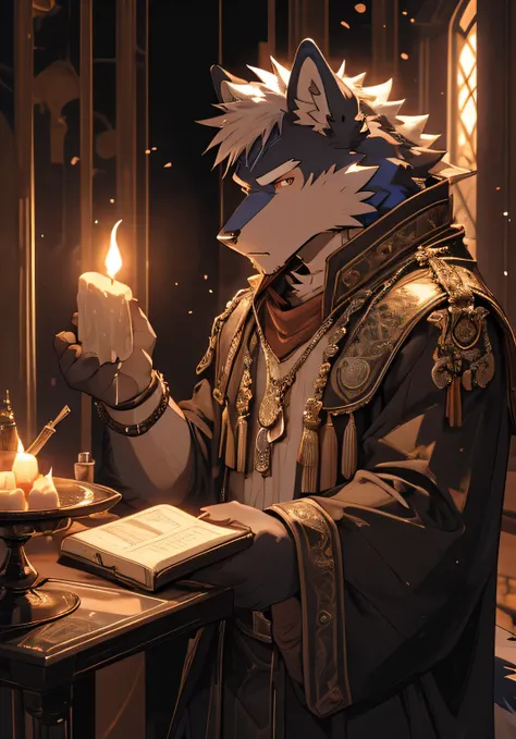 （masterpiece），（Very detailed），（high detail），（best quality），hairy，Wolf，（Dragon Scale），（（Dragon Horn）），Red fur，White hair，（Golden pupils），8k，（（high quality））,Dragon Wing，Magician，Holding a book，Cold