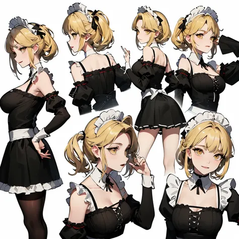 (masterpiece, 8K, highest quality, Very detailed, 1 mature woman), (Consistent personality, Same character), (Blonde Hair, Yellow Eyes), (Very detailed顔と肌の質感, Fine grain), Wicked Smile, big breasts, alone, (Maid), White Background, Bare shoulders, Captivat...