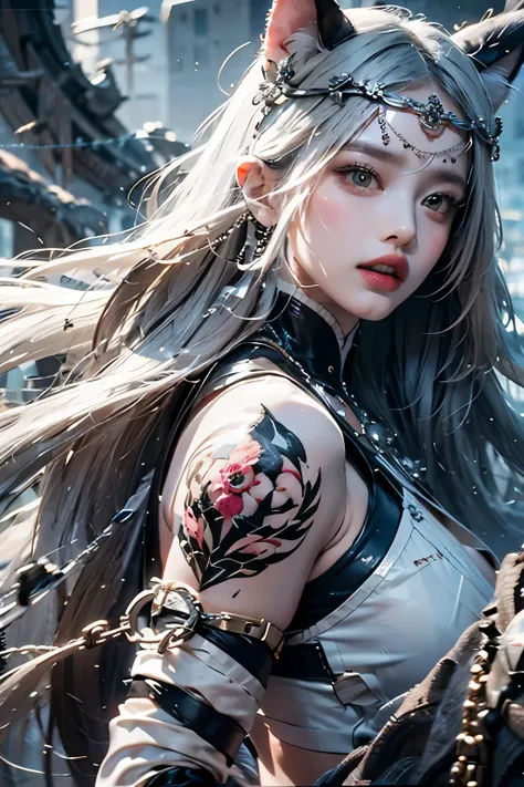 4k ultra hd, high resolution，a stunning beautiful girl, 1girl, solo, serious face, white long hair, official art, unity 8k wallpaper, ultra detailed, beautiful and aesthetic, masterpiece, best quality, realistic, (zentangle, mandala, tangle, entangle), (fr...