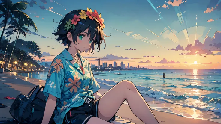 (masterpiece:1.2), (highest quality:1.2), Ultra-high resolution, Super detailed, Perfect Eyes, Perfect Face, Perfect lighting,((Anime girl sitting on Waikiki Beach)), ((looking away:1.4)), Surreal girl, (one person,Lolita,boyish, , 13 years old:1.3),Full F...