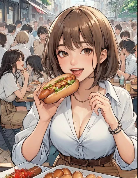 1lady solo, sitting at table, (holding hot dog) in one hands, taking a big bite, stylish outfit, mature female, /(light brown hair/) bangs, (open mouth) big, (teeth:0.8), (masterpiece best quality:1.2) delicate illustration ultra-detailed, large breasts BR...