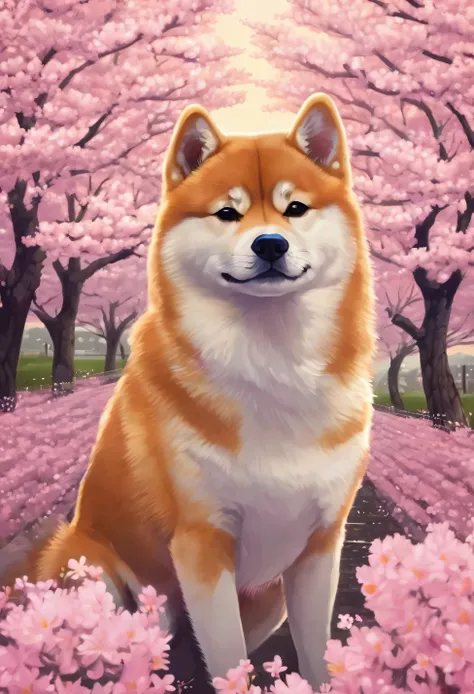 shiba in a cherry blossoms flower field