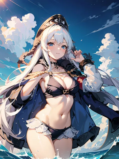 Anime girl in bikini with cloak and hat in the ocean, Charming anime girl, Azure Lane Style, Plow collection style, From the video game Azur Lane, perfect white haired girl, Beautiful, charming anime women, anime goddess, Best konachan anime wallpaper 4k, ...