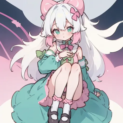 Young woman, White hair, long hair, green bow, light pink clothes, dark pink socks, dark pink shoes,
