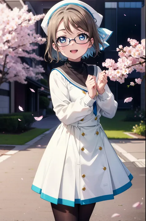 Yowatanabe, Watanabe Yo, short hair, blue eyes, brown hair, Black-rimmed glasses,Blue hair band,Turtleneck sweater,Long skirt,Black pantyhose,short boots,Cherry blossoms are blooming,Cherry blossoms are scattered,Cherry blossom tree-lined path,happy smile,...