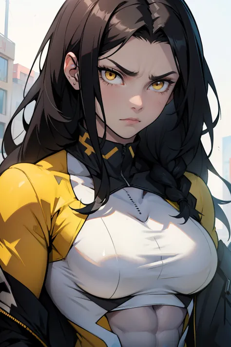 ((muscular girl)) black hair yellow eyes pale skin long hair looking down looking ate viewer detailed eyes sad frown large breasts