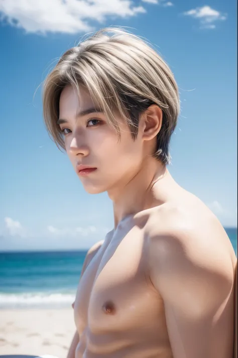 (Extremely detailed and high-quality illustrations),(Best lighting and shadow effects, Surreal), beach, Wheat skin color、Young man with short light white hair, Looking at the sea with a pensive expression,muscle