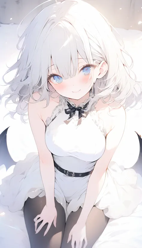 highest quality)), ((masterpiece)),Perfect Face((highest quality)）cute,beautiful girl,Pure white hair,bangs,Medium Hair、blue eyes.Alone,smile,Cute, Short Hair、Beautiful eyes,Healthy Body、Beautiful breasts、8K、wallpaper、belt、white one piece dress、Chest Band、...