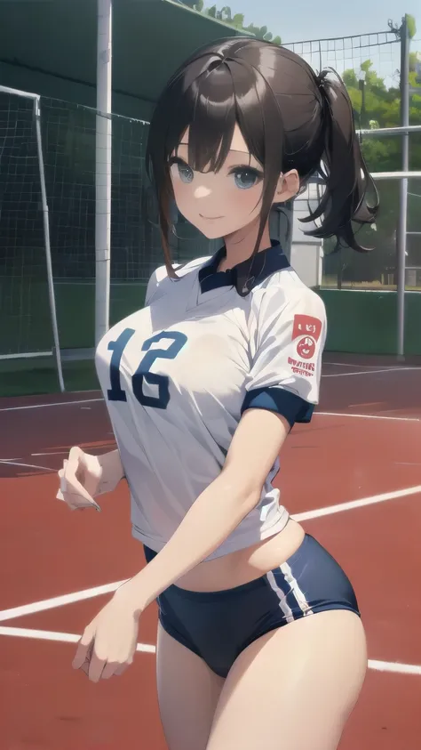 Tabletop、highest quality、Ultra-detailed、High resolution、8K Wallpaper、Perfect dynamic composition,、Detailed and beautiful eyes、(Volleyball Uniforms:1.3)、Dark brown wavy hair、short hair、(Beautiful big breasts:1.3)、Natural color lip、Bold sexy pose、Cute Smile、...