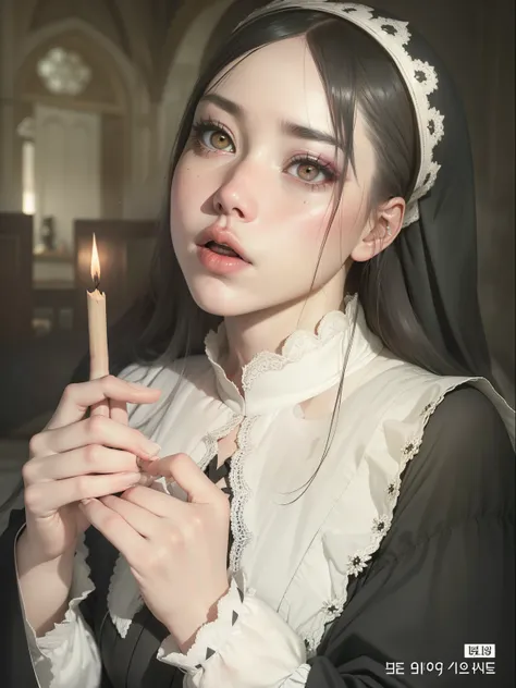 hay una mujer sosteniendo una vela en la mano y una vela en la mano, cruel korean gothic girl, billie eilish como monja, billie eilish como una monja triste, monja vampiro, pale, snow-white skin, mirada aterradora, iu lee ji-eun como supervillano, with bla...