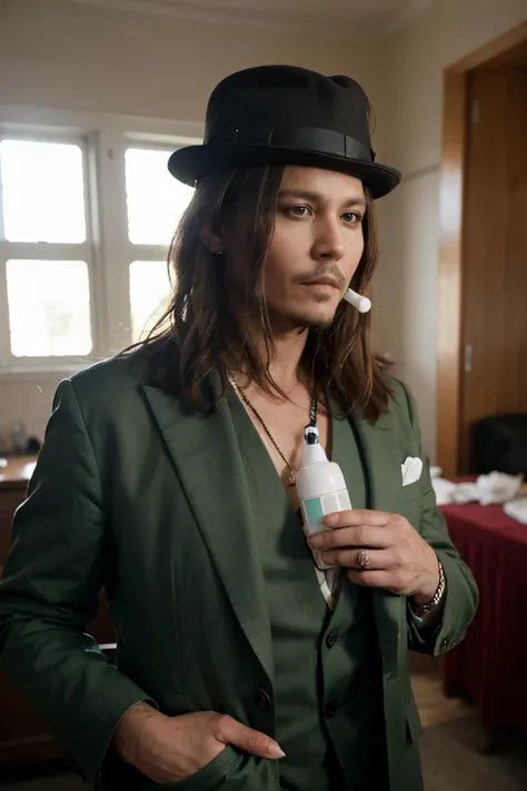 johnny depp in green suit and hat . sentado numa cadeira de rodas e usando nebulizador para respirar
