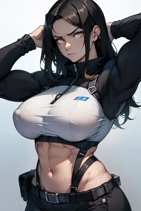 ((muscular girl)) black hair yellow eyes pale skin long hair looking down looking ate viewer detailed eyes sad frown large breasts