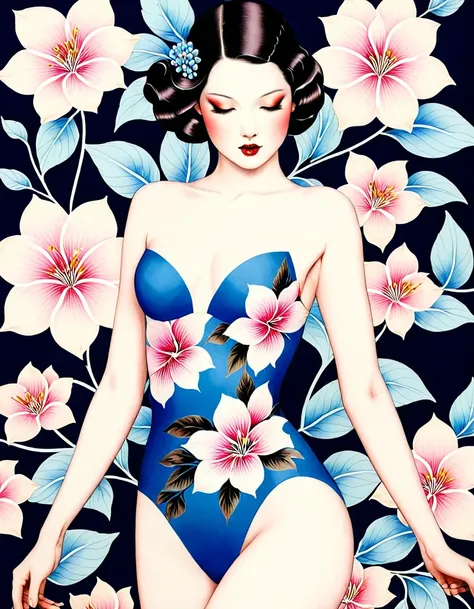 chiaroscuro technique on sensual illustration of an elegant , retro and vintage ,silky flower around body, matte painting, by Hannah Dale, by Harumi Hironaka, extremely soft colors, vibrant, pastel, highly detailed, digital artwork, high contrast, dramatic...