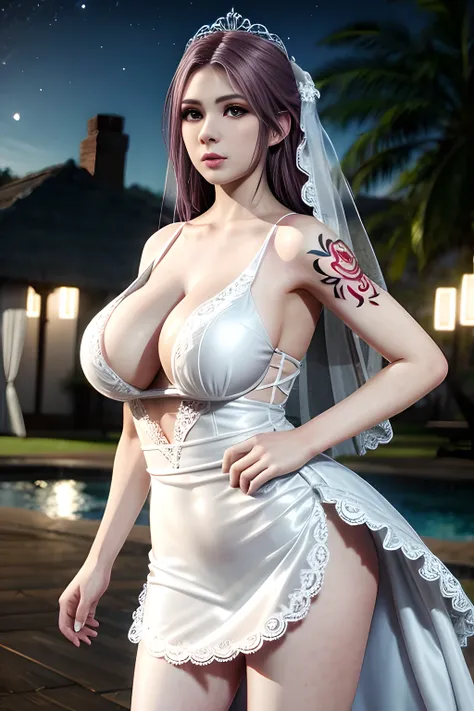 1 girl,standing posture,((  mini Wedding Dress, see-through)), outdoor,elegant,nighttime,moonlighe,shiny skin,( huge breasts:1.1), lip gloss,( tattoos:1.3), masterpiece, best quality, realistic ,Surrealism,natural colors art in 8k,soft shadows,Portrait art...