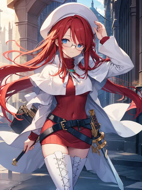 summonnightaty, aty, long hair, blue eyes, red hair, beret, hat, glasses,
BREAK long hair, thighhighs, hat, dress, boots, glasses, belt, cape, sweater, zettai ryouiki, beret, thigh boots, white footwear, ribbed sweater, loose belt,solo,
BREAK outdoors, fan...