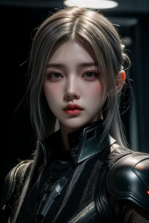 tmasterpiece,Best quality,A high resolution,8K,(Portrait photograph:1.5),(ROriginal photo),real photograph,digital photography,(Combination of cyberpunk and fantasy style),(Female soldier),20-year-old girl,random hair style,white color hair,By bangs,(Red e...