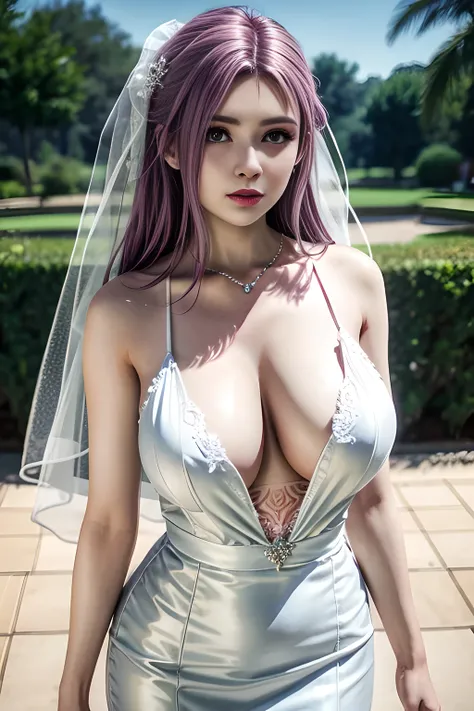 1 girl,standing posture,((  mini Wedding Dress, see-through)), outdoor,elegant,nighttime,moonlighe,shiny skin,( huge breasts:1.1), lip gloss,( tattoos:1.3), masterpiece, best quality, realistic ,Surrealism,natural colors art in 8k,soft shadows,Portrait art...