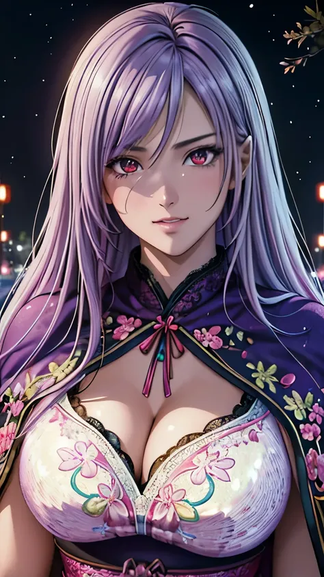 red eyes, (highest quality, masterpiece painting:1.3), immature woman, 16 years old, (half body shot), masterpiece, ultra high resolution, (Photoreal:1.0), ((light purple hair)),straight hair, beautiful shining hair, white and shining skin, ((Ultra realist...