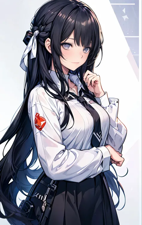 anime girl with long black hair and white shirt leaning on her chin, anime visual of a cute girl, anime moe artstyle, from girls frontline, gapmoe yandere, anime girl with long hair, (anime girl), slightly happy facial expression, female anime character, w...