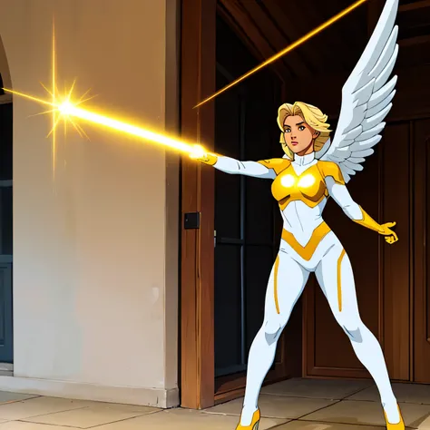 HD, Female, Girl, White, 22 Years old, angel wing, Blonde hair, Laser Gun, Superhero, Mutant, White and Yellow suit, Full body,