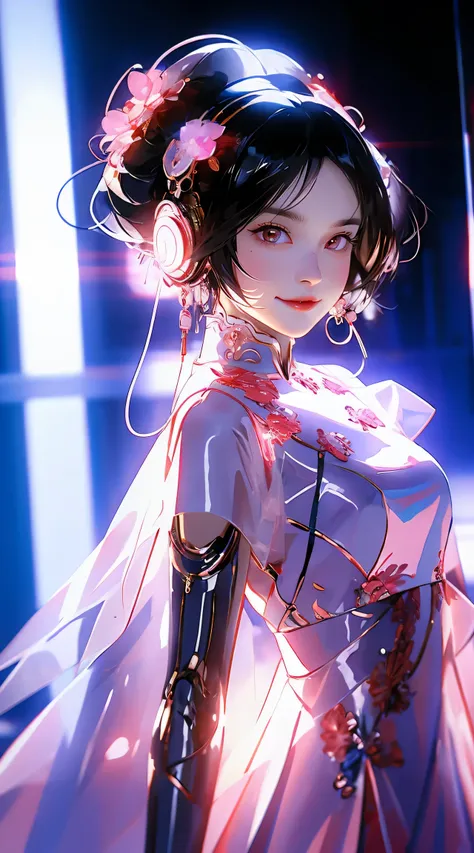 1 girl, Chinese_clothing, liquid silver and Pink, cyberhan, cheongsam, Cyberpunk city, Dynamic poses, Luminous headphones, Luminous hair accessories, Long hair, Luminous earrings, glow necklace, Cyberpunk, High And technology city, full of mechanical and F...