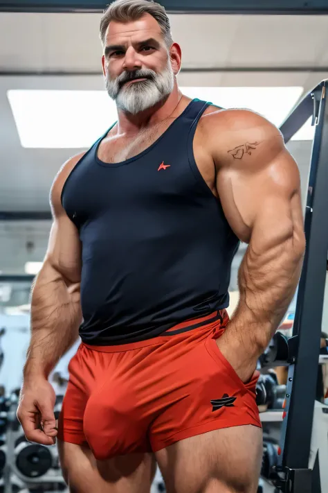 (handsome mature man), (50 yo), white man, wearing a tank top and sport shorts, bulge, (beefy:1.3), beard, looking at viewer, beautiful man, detailed eyes, symmetric face, smirk, robust, greying hair