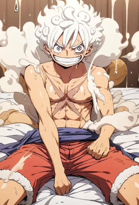 monkey d luffy with scar under his eye and x scar on his big chest on a bed without clothes with his penis hard and dripping whi...