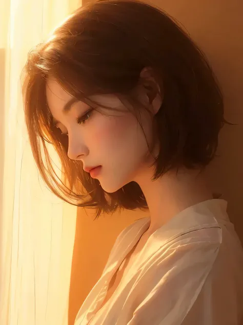 Close-up of a woman wearing a white shirt and brown hair, beautiful soft light, Artwork in the style of Guweiz, soft light from the side, guweiz, Japanese cartoons. soft light, beautiful soft light, Digital Art Ilya Kuvshinov, High quality portrait, author...