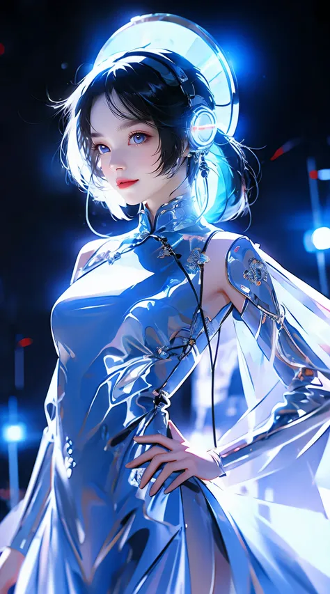 1 girl, Chinese_clothing, liquid silver and Sky Blue, cyberhan, cheongsam, Cyberpunk city, Dynamic poses, Luminous headphones, Luminous hair accessories, Long hair, Luminous earrings, glow necklace, Cyberpunk, High And technology city, full of mechanical a...