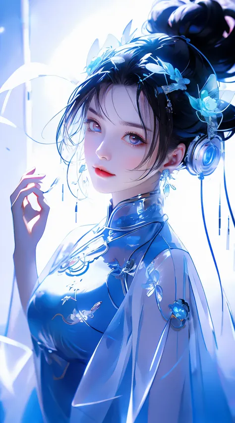 1 girl, Chinese_clothing, liquid silver and Sky Blue, cyberhan, cheongsam, Cyberpunk city, Dynamic poses, Luminous headphones, Luminous hair accessories, Long hair, Luminous earrings, glow necklace, Cyberpunk, High And technology city, full of mechanical a...