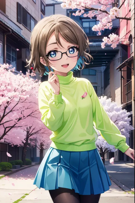 Yowatanabe, Watanabe Yo, short hair, blue eyes, brown hair, Black-rimmed glasses,Blue hair band,Turtleneck sweater,Long skirt,Black pantyhose,short boots,Cherry blossoms are blooming,Cherry blossoms are scattered,Cherry blossom tree-lined path,happy smile,...