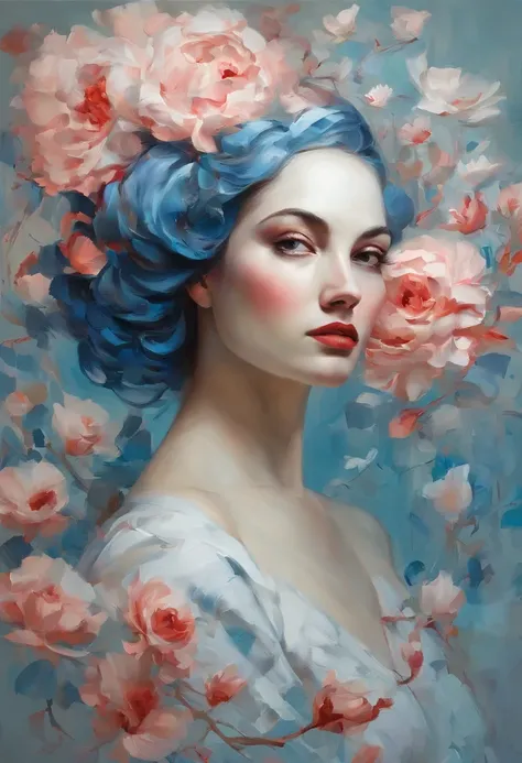  chiaroscuro technique on sensual illustration of an elegant , retro and vintage ,silky flower around body, matte painting, by Hannah Dale, by Harumi Hironaka, extremely soft colors, Blue and white porcelain,Ceramic material，femele，Embossed petals，artwork ...