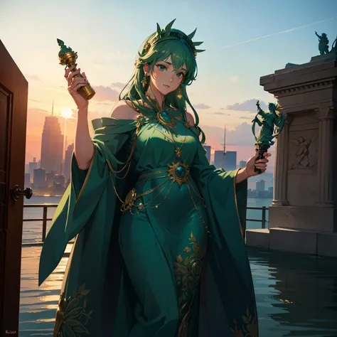 Beautiful statue of Liberty, iconic green robe, intricately detailed torch, holding a fragrant perfume bottle in hand, ultra-detailed, realistic rendering, best quality, 4K, HDR, sunset, subtle warm lighting, delicate texture, professional color grading, v...