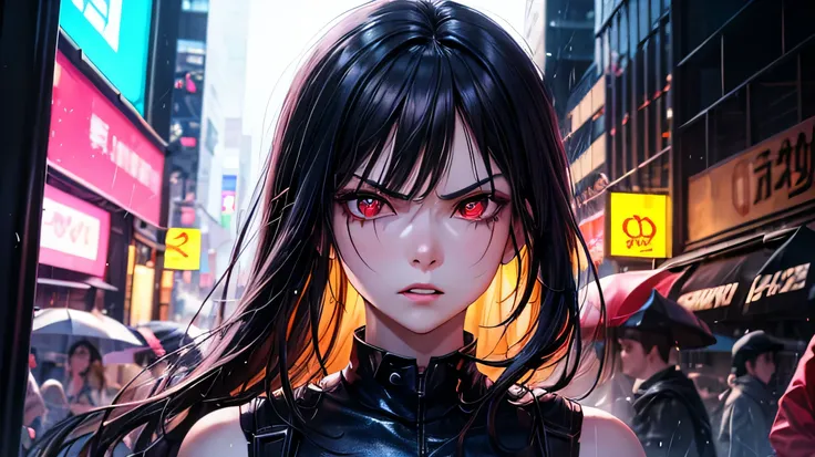 angry woman、1 person、Red Eyes、Detailed facial expression depiction、Detailed eye depiction、Long white hair、Detailed hair depiction、cyberpunk costume、City of night、neon、crowd、it&#39;s raining、Purple overall、