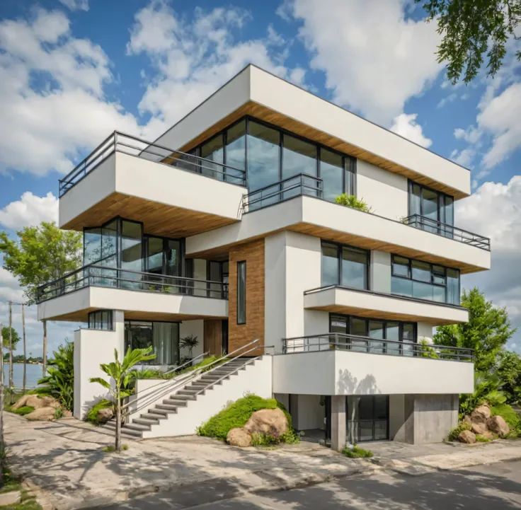 Masterpiece, high quality, best quality, authentic, super detail, outdoors, house style modern,bietthuhn, white wall, glass windows, gate road,pavement, grass, trees,blue sky, cloud, (day:1.1), realistic lighting