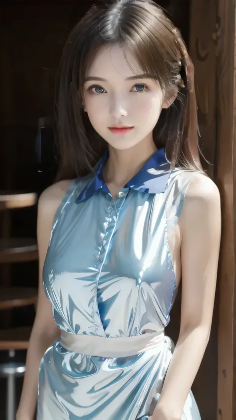 1 female々,White glossy skin, Age 25, A small, elegant face, Red lips, Parted lips, ( Hair parted to one side:1.5), blue eyes, smile, Elegant young woman, Shiny Hair, （Blue see-through collared blouse :1.3)（Silver shiny silk pleated skirt :1.3), (Blue shiny...