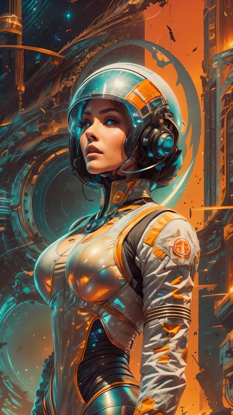 arafed image of a woman in a futuristic suit with a spaceship in the background, movie art, in front of an orange background, inspired by Robert McGinnis, female protagonist, megastructure in the background, portrait of an ai astronaut, astronauts, an astr...