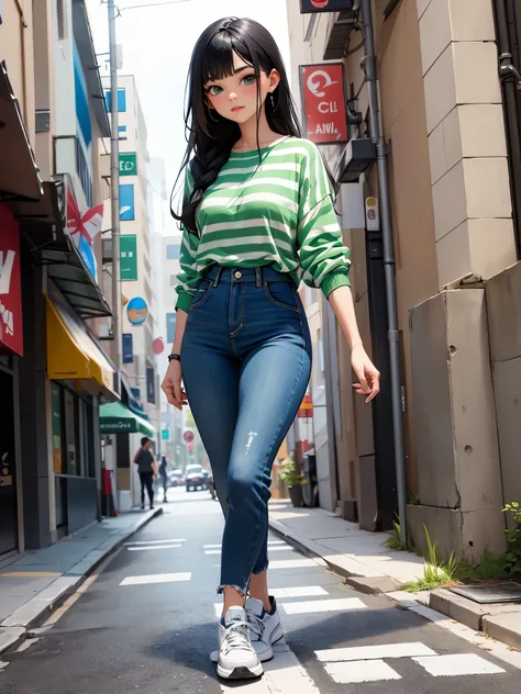 masterpiece, highest quality, solo, solo focus, (perfect face:1.1), (high detail:1.1), 1girl. age 26, street brawler, los angeles street backdrop, (black hair, long hair, side-swept bangs), green eyes, green striped t-shirt, blue jeans, sneakers, walking, ...