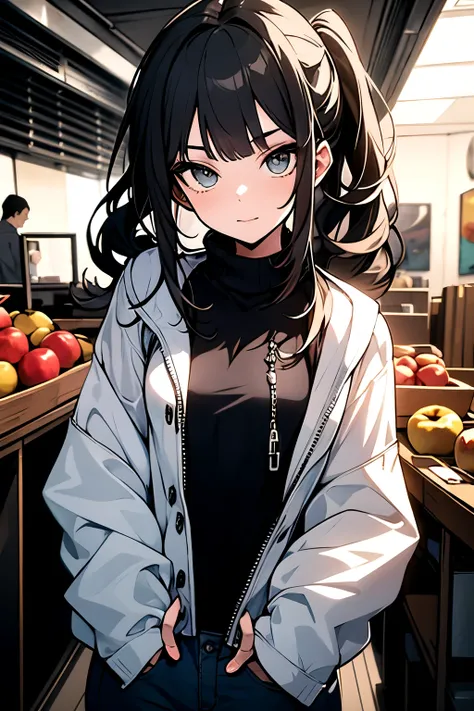 ((best quality)), ((artwork)), (detailed), perfect face thin woman 17 years old, blue eyes, long curly black hair tied in a ponytail, wearing black jeans and a turtleneck sweater. The jacket was a thin black windbreaker, holding an apple