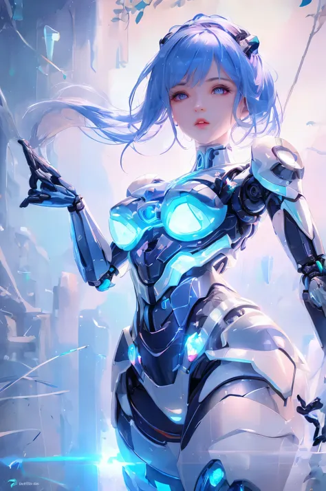 mechanical girl，robotic arm，mechanical head，full-body shot, wonderful colors, close up,  reflective transparent iridescent color...