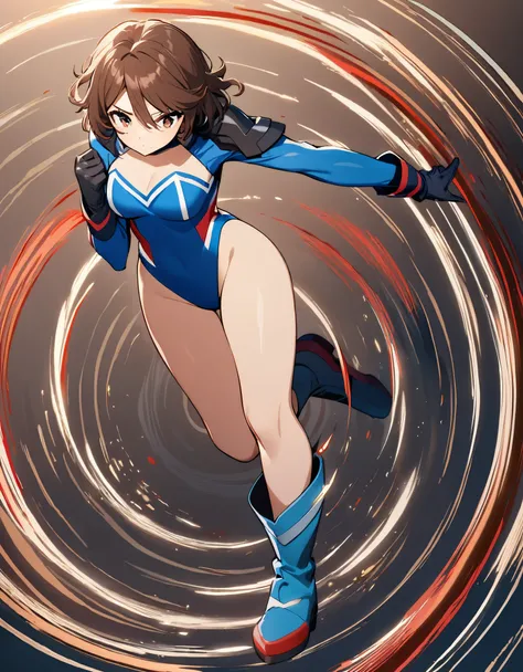 1girl, solo, solo focus, a female superhero spins in place like a tornado, medium breasts, leotard, red and blue leotard, bare legs, boots, matching boots, gloves, matching gloves, brown hair, spiral lines around