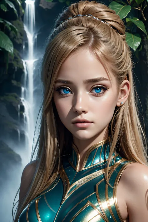 Brynn Cartelli, wearing siren costume transparent. professionally retouched, soft lighting, realistic, smooth face, perfect eyes, sharp focus on eyes, 8 k, high definition, insanely detailed, intricate, elegant. against the background of a waterfall.