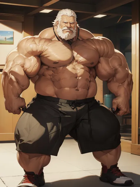 full shots, ground level camera shot, (best quality,4k,8k,highres,masterpiece:1.2),ultra-detailed,(realistic,photorealistic,photo-realistic:1.37),((massive muscular)) ((huge Muscular)) old man standing in photo studio, simple background,  shorts , white ha...