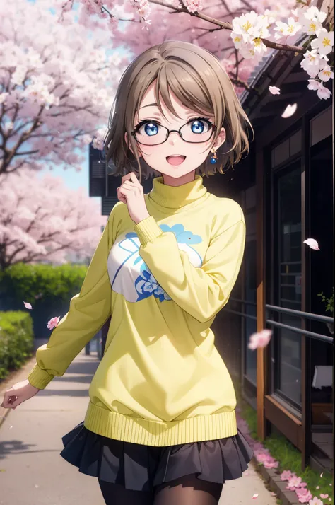 Yowatanabe, Watanabe Yo, short hair, blue eyes, brown hair, Black-rimmed glasses,Blue hair band,Turtleneck sweater,Long skirt,Black pantyhose,short boots,Cherry blossoms are blooming,Cherry blossoms are scattered,Cherry blossom tree-lined path,happy smile,...