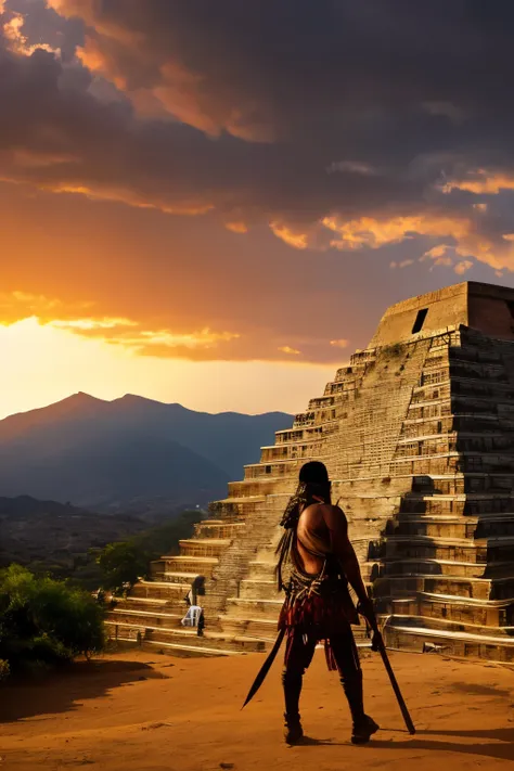 Draw a nagual warrior,in the mountains of Mexico, against the backdrop of the Aztec pyramids, On the Sunset, with low dark clouds